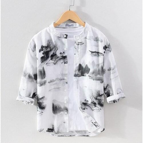 2021 Mens Spring and Summer New Linen Three-Quarter Sleeve Shirt Casual Ink Printing Stand Collar Youth Linen Shirt