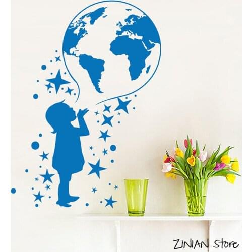 Earth With Star Wall Decals World Map Wall Stickers For Kids Rooms Posters Removable Vinyl Wall Art Mural H320