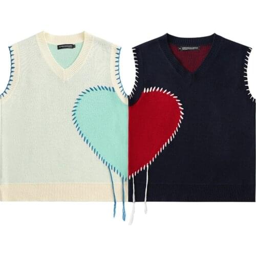 Oversized Japanese Harajuku Knitted Heart Sweater Vest for Women and Men Matching Couples V Neck Kawaii Pullover Knit Vests