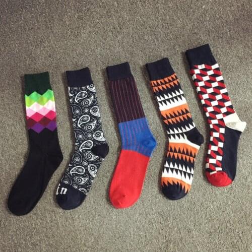 WJFXSOX 5 pairs Classic color geometric style mens socks Happy Socks England style sub-gradient cotton Men Harajuku Socks meias