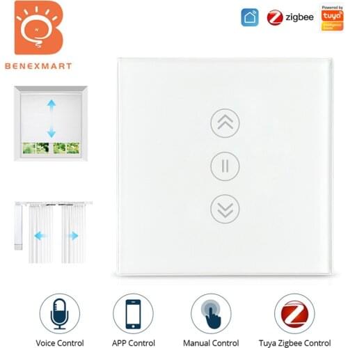 Benexmart Smart Home Tuya Zigbee Curtain Switch for Blind Motor Roller Shade Neutral Required Touch Control Timer Alexa Google