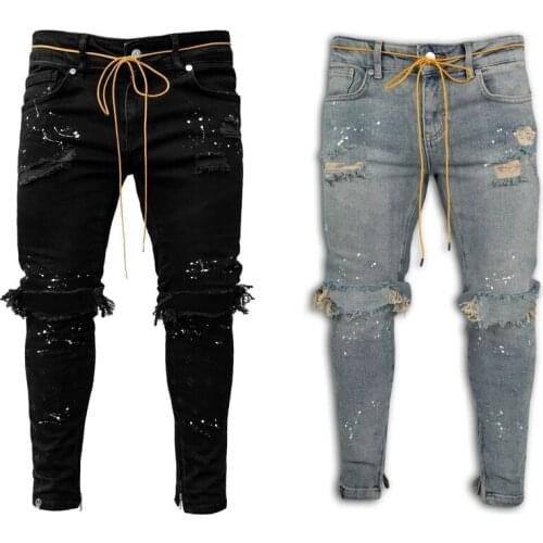 QNPQYX New Style Streetwear Mens Jeans Self-cultivation Ripped Feet Pants Hole Style Mens Paint Jeans European American Pants