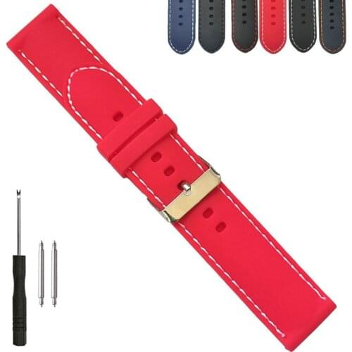 22mm Contrast Stitched Silicone Rubber Watch Band Strap for Fashion Casual Watches Black White Blue Red Orange