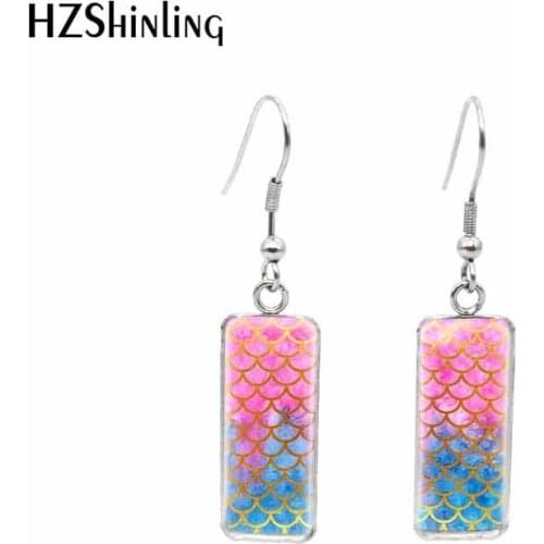 2019 New Rainbow Mermaid Scales Painting Fish Hook Earring Beautiful Art Rectangular Earrings Hand Craft Glass Jewelry