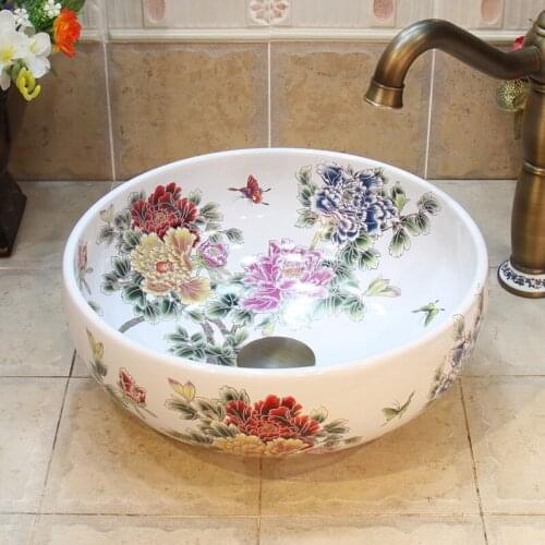 35CM White Peony Flower Basin China Handmade Lavabo Washbasin Artistic Bathroom Sink countertop ceramic bowl sinks