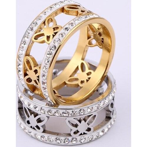 Hiphop Stainless Steel Butterfly Rings for Women Men Wholesale bague Gold Color Iced Out Cubic Zirconia Hip Hop Jewelry