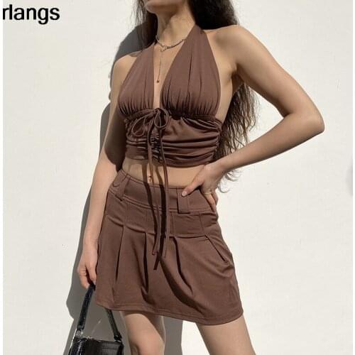 2021 Spring European And American Womens Sexy Halter Neck Pleated Big V-Neck Halter Strap Halter Drawstring Pleated Skirt Suit