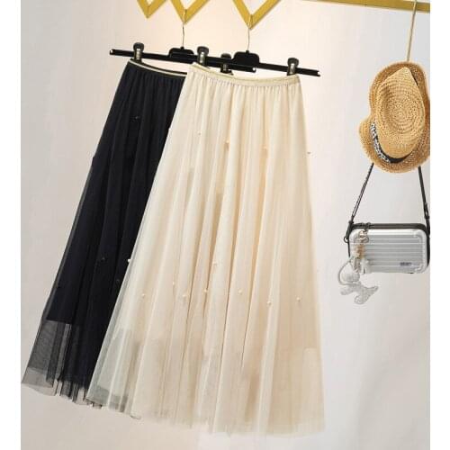 Black Mesh Stitch Bead Long Plus Large Size Oversize Korean Style Fashion WomenS Clothing Vintage 2021 Casual High Waist Skirts