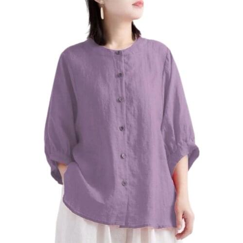 Summer Solid Color Shirt Button Placket Breathable Vintage Ladies Lantern Half Sleeve Blouse for Work Fashion Shirts Clothing