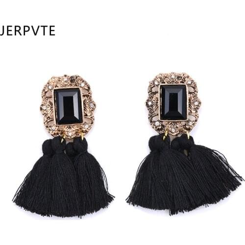JERPVTE Black Ethnic Crystal Fringing Dangle Earrings For Women Trend Tassel Drops Earrings Bohemian Jewelry Brincos Oorbelle