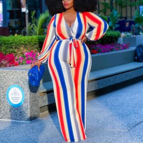 Striped Print Jumpsuits for Women 2021 Sexy Plus Size Sleeves Spring Autumn V Neck High Waisted Fashion Elegant Rompers Clothes