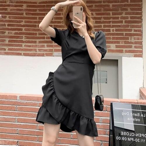 Vintage Black Ruffle Short Dress Summer Women O-Neck Short Sleeve Lace Up Streetwear Mini Party Dresses Festa De Vestidos