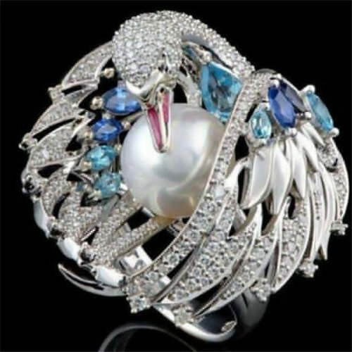 Milangirl Womens Luxury White Swan Ring Micro-inlaid Zircon Simulated Pearl Silver Color Crystal Wing Fashion Jewelry