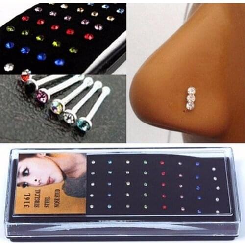 1box/40pcs Crystal Rhinestone Nose Ring Nose Studs Stainless Surgical Nose Piercing Stud Fashion Body Jewelry