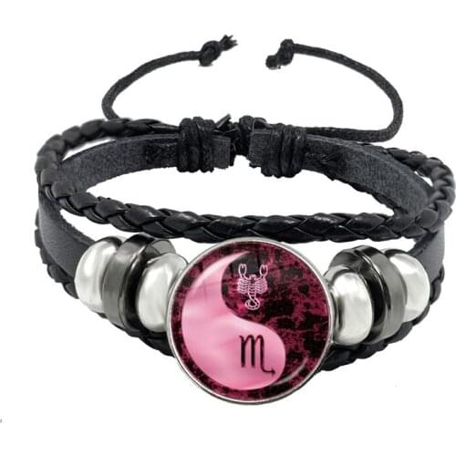 12 Constellation Zodiac Sign Yin Yang Black Braided Leather Bracelet Glass Dome Woven Jewelry Punk Men Womens Bracelet