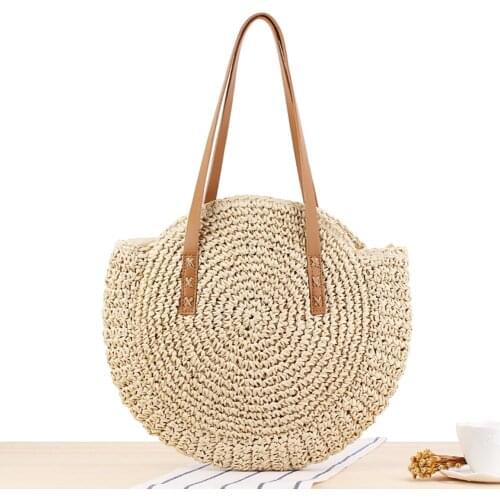 2021 Summer Round Straw Bags for Women Rattan Shoulder Bag Handmade Woven Beach Handbags Female Message Handbag Bag