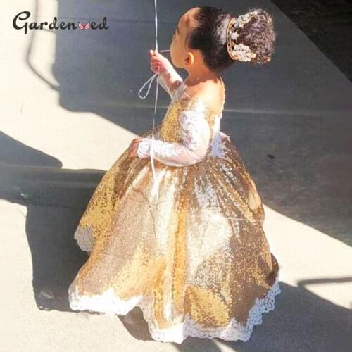 Glitter Ball Gown Kids Party Dresses Shiny Girl Birthday Dress Lace Long Sleeves Princess Dress robe de princesse fille Gold