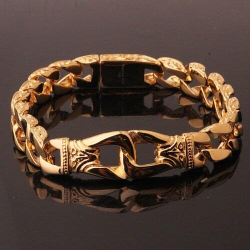 12mm Elegant Style Stainless Steel Golden Color Pattern Cuban Chain Handcuffs Bracelet Vintage Mens Womens Wristband Jewelry