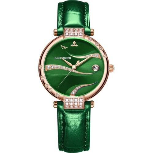 Reef Tiger/RT Women Rose Gold Case Fashion Designer Diamonds Watch Green Dial Automatic Leather Strap RGA1589