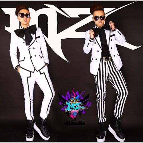 Black white striped mens slim ropa hombre suit college style nightclub male singer performance clothes DJ mens masculino trend