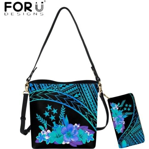 FORUDESIGNS New Style Feamle Pu Handbag With Purse Set Kosrae Polynesian Tropical Hibiscus Printed Luxury Design Bucket Bolsa