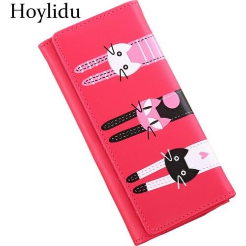 PU Leather Women Wallets Cartoon Cute Cat Prints Long Zipper Coin Purse Lady Credit Card Holder Smart Designer Wallet Clutch Bag