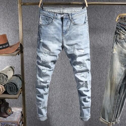 Korean Style Men Jeans Retro Light Blue Elastic Slim Ripped Jeans Men Street Fashion Patched Designer Casual Denim Pencil Pants