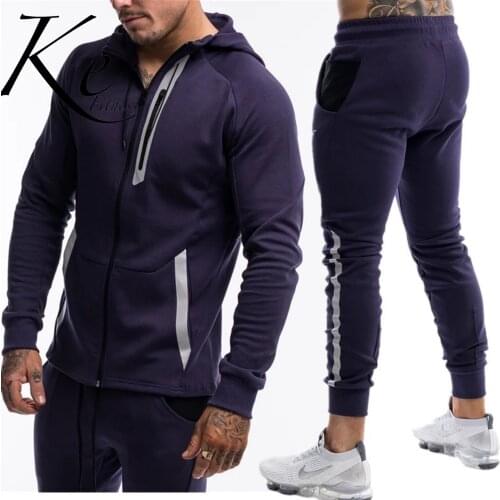 KE New 2020 2019 autumn and winter mens cotton reflective strip sportswear youth casual zipper fitness running two-piece suit
