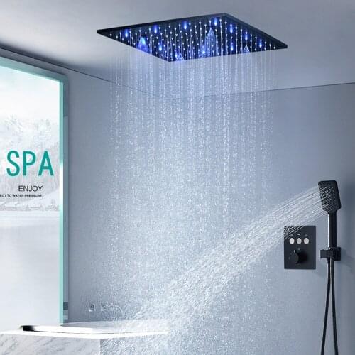 Bathroom Shower faucet set Concealed Thermostatic Bathtub faucet set Matte Black brass square LED rainfall Style Wall mounted