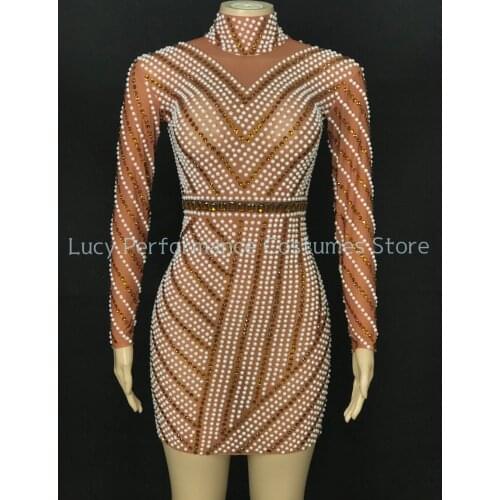 New Tan transparent elastic dress white pearl diamond sexy fashion suit stage performance Costume