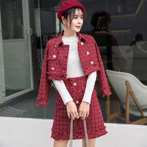 Autumn Winter Women Gold Double-breasted Tweed Short Jacket Coat + Bodycon Skirt Suit Tassels 2PCS Clothing Set Red Plaid Suit