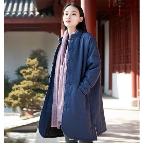 Women Cotton Linen Retro Solid Color Padded Coat Outwear Single Breasted Overcoat Parkas Female Ladies Vintage Stand Collar Coat