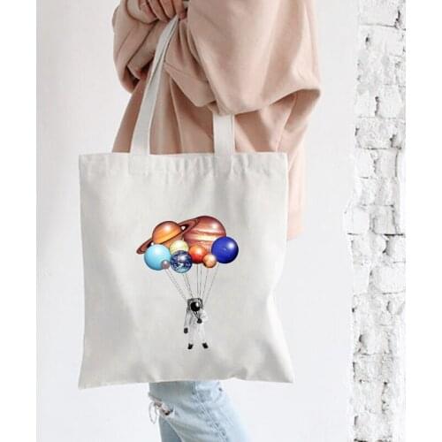 Cute Cartoon Tote Bag Canvas Vintage Astronaut Planet Serial Print Daily Use Eco Reusable Shopping Bag Shoulder Aesthetic Bags