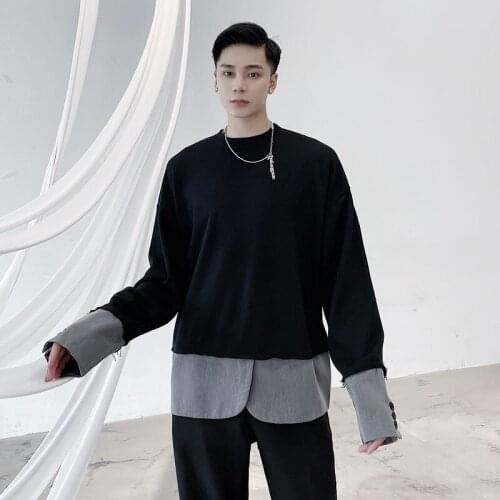 Men Vintage Broken Splice Hem Long Sleeve Pullover Sweatshirt Male Streetwear Hip Hop Loose Hoodie Sweatshirt