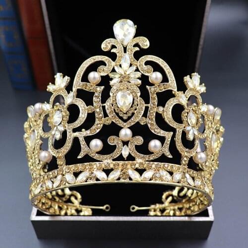 Pearl Rhinestone Bridal Tiaras Queen Big Crowns Women Crystal Baroque Bride Jewelry Pageant Diadem Wedding Hair Accessories