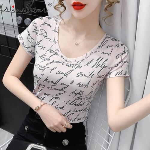 Summer European Style T-Shirt Fashion V-Neck Print Letter Graffiti Women Tops Casual Bottoming Shirt Woman S-3XL Tees T16024A