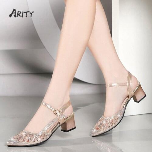 Chunky Leather Sandals Women 2021 Summer New Mesh Thick Heels Buckle Single Shoes Female Baotou High Heel Womens Pumps