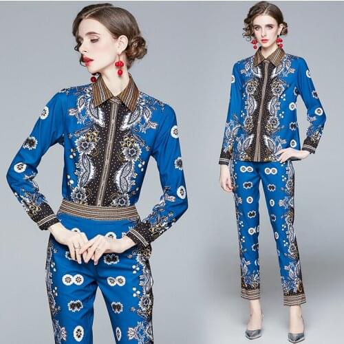 Spring Summer Fall Runway 2 Piece Womens Ladies Sets Retro Vintage Print Collar Long Sleeve Top Shirt Blouse Pant Suits Outfits