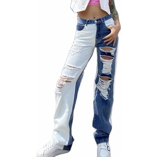 Ladies high street ripped jeans American net red boyfriend loose ripped straight-leg jeans high quality