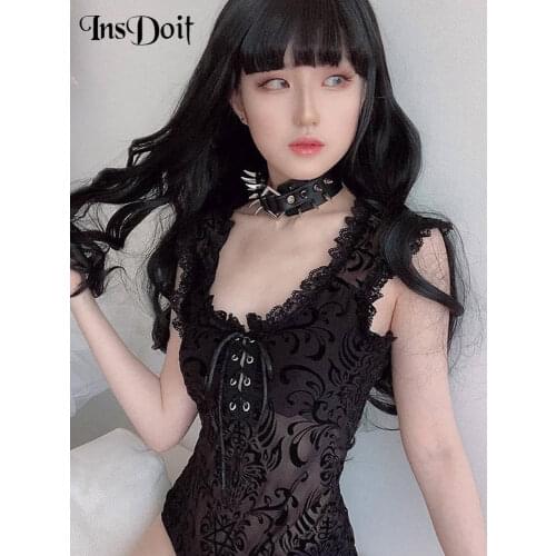 InsDoit Sexy Lace Bodysuits Women Bodycon Mesh Hollow Out Sleeveless Bodysuit Gothic Streetwear Body Female Party Nightclub Body