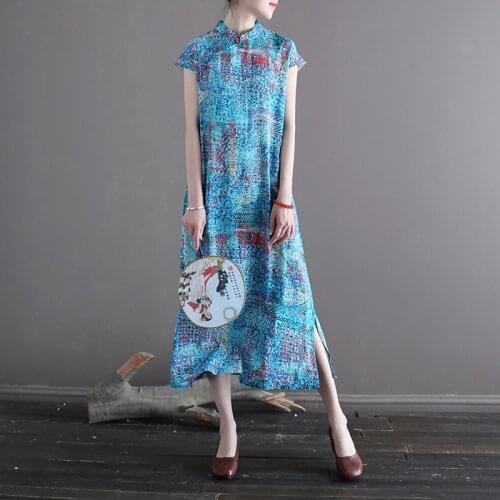 Women Loose Printed Qipao Dress Ladies Vintage Cotton Linen Cheongsam Dresses Female 2020 Summer Retro Dress