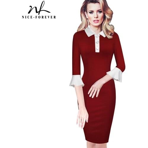 Nice-forever Autumn Elegant Contrast Color Patchwork Women Dresses Business Office Bodycon Fitted Dress B598