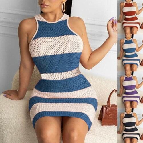 Women Sleeveless Knitted Mini Tank Dress Striped Crew Neck Sexy Bodycon Basic Party Club Package Hip Short Dresses Vestidos XL