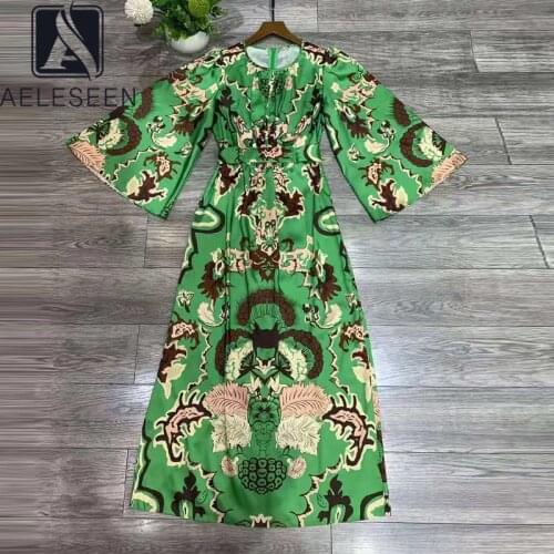 AELESEEN Designer Fashion Autumn Dress Flare Sleeve Retro Green Flower Print Long Party Holiday Splited Dress