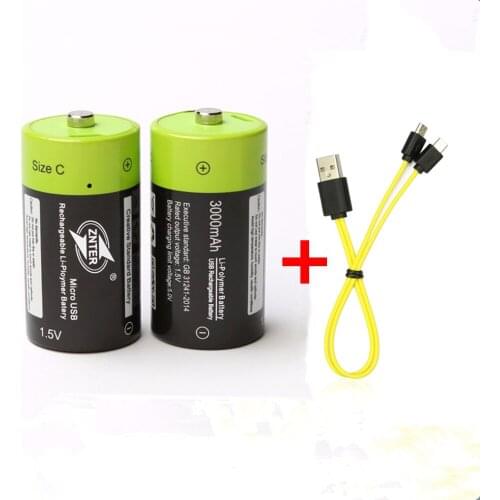 2PCS ZNTER 3000mAh 1.5V rechargeable battery C size USB rechargeable lithium polymer battery with Micro USB charging cable