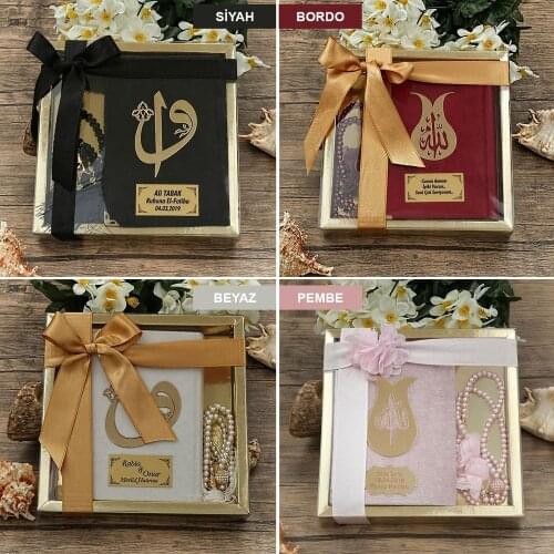 Velvet Covered Quran, Pearl Rosary, Religious Gift Set with Gold Acetate Box FREE SHİPPİNG