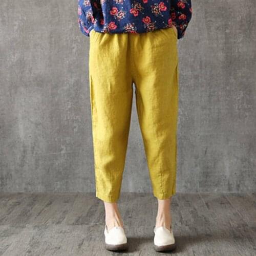 Womens Spring Summer Pants Cotton Linen Solid Elastic Waist Candy Colors Harem Trousers Soft High Quality For Female