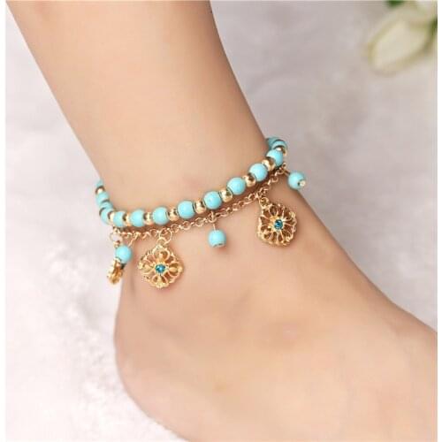 2 Pcs Set Beads Flower Pendant Beach Anklets for Women Gold Color Sexy Boho Anklets Foot Chain Charm Jewelry Gift Drop Shipping