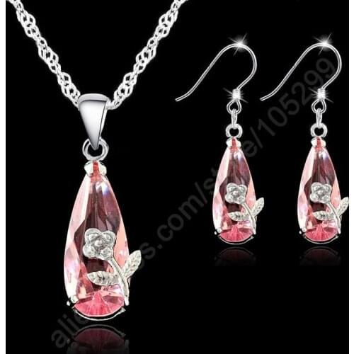 Jewelry Set 925 Sterling Silver Austrain Crystal Pendant Necklace+Hook Earrings Sets Crystal Jewelry Sets Fashion
