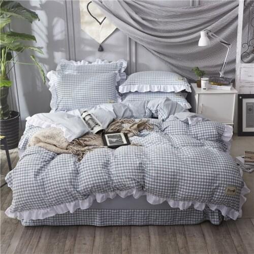4 Piece Set Lace yarn dyed cotton Plaid Bedding Sets Soft Bedclothes Twin Queen Duvet cover Bed sheet set pillow